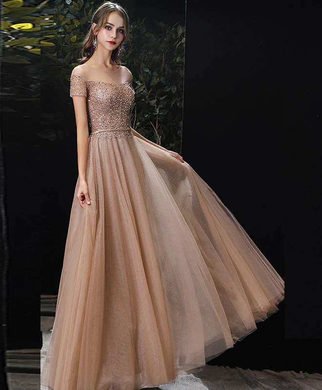 Gold Tulle Sequin Long Prom Dress, Champagne Tulle Formal Graduation Dress - Deanwangkt