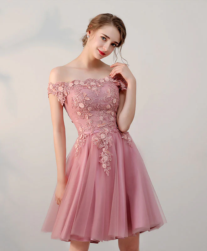 Pink Lace Tulle Short Prom Dress, Pink Evening Dresses - Deanwangkt