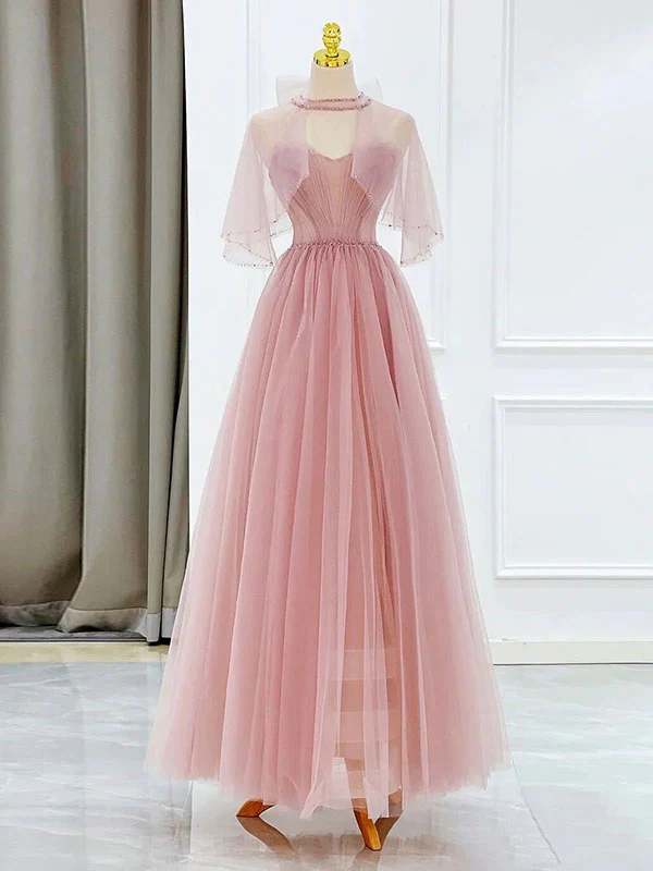 Pink Tulle Tea Length Prom Dress, Pink Tulle Formal Dress - Deanwangkt