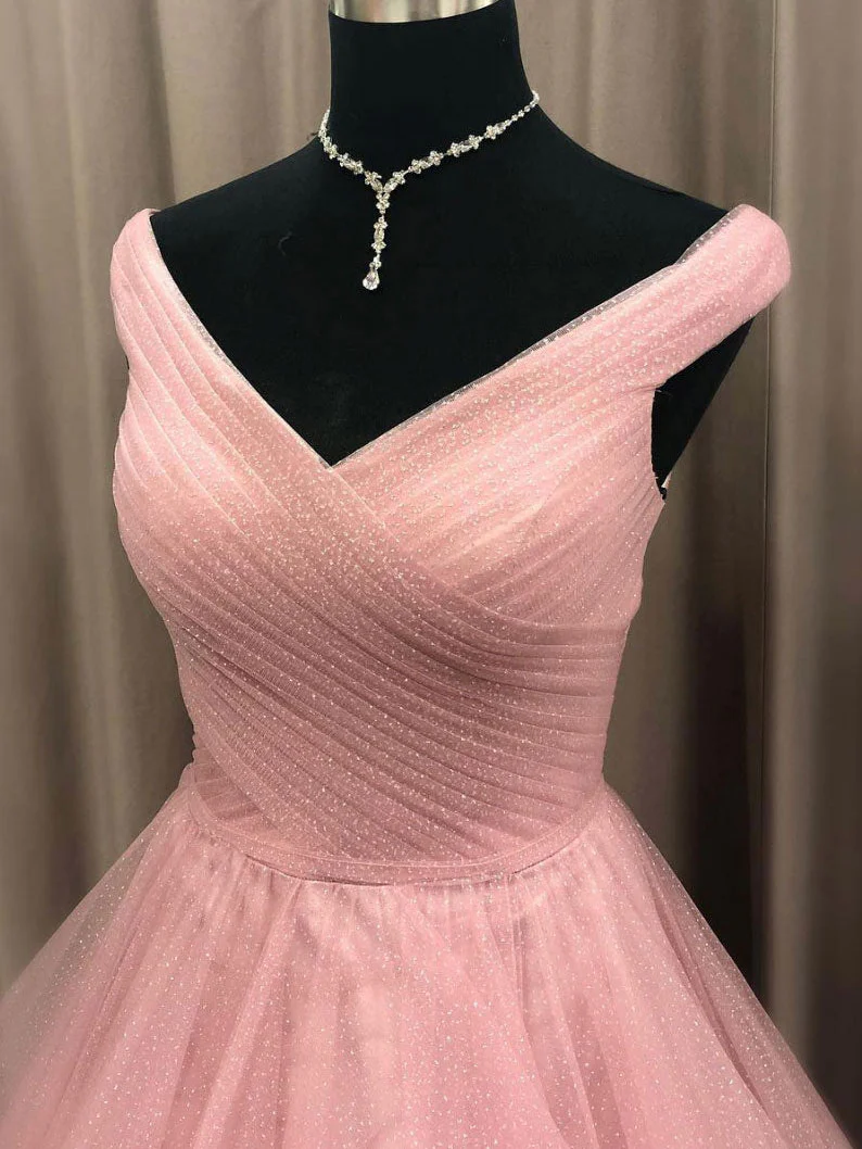 Simple V Neck Tulle Long Pink Prom Dress, Pink Tulle Formal Dresses - Deanwangkt