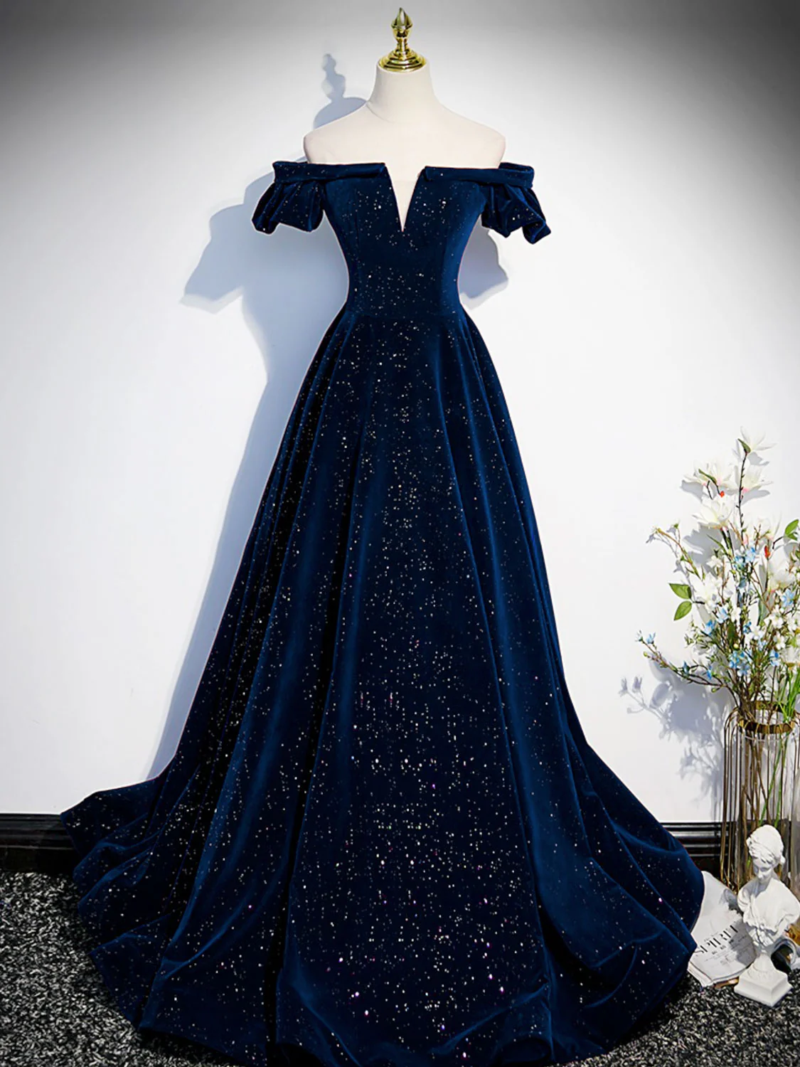 A-Line Off Shoulder Velvet Dark Blue Long Prom Dress, Dark Blue Long Formal Dress - Deanwangkt