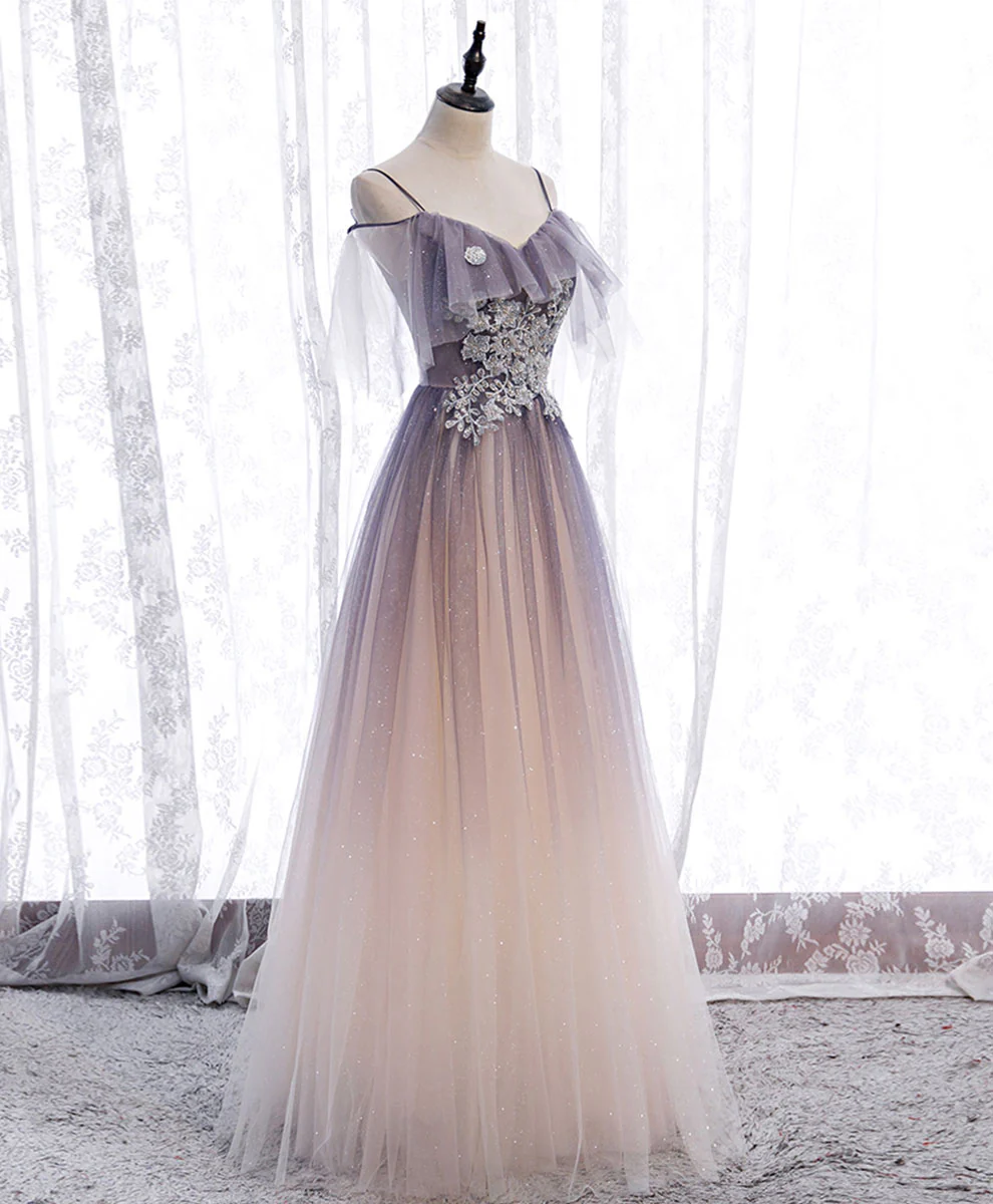 Light Purple Tulle Sequin Long Prom Dress, Purple Formal Party Dress - Deanwangkt