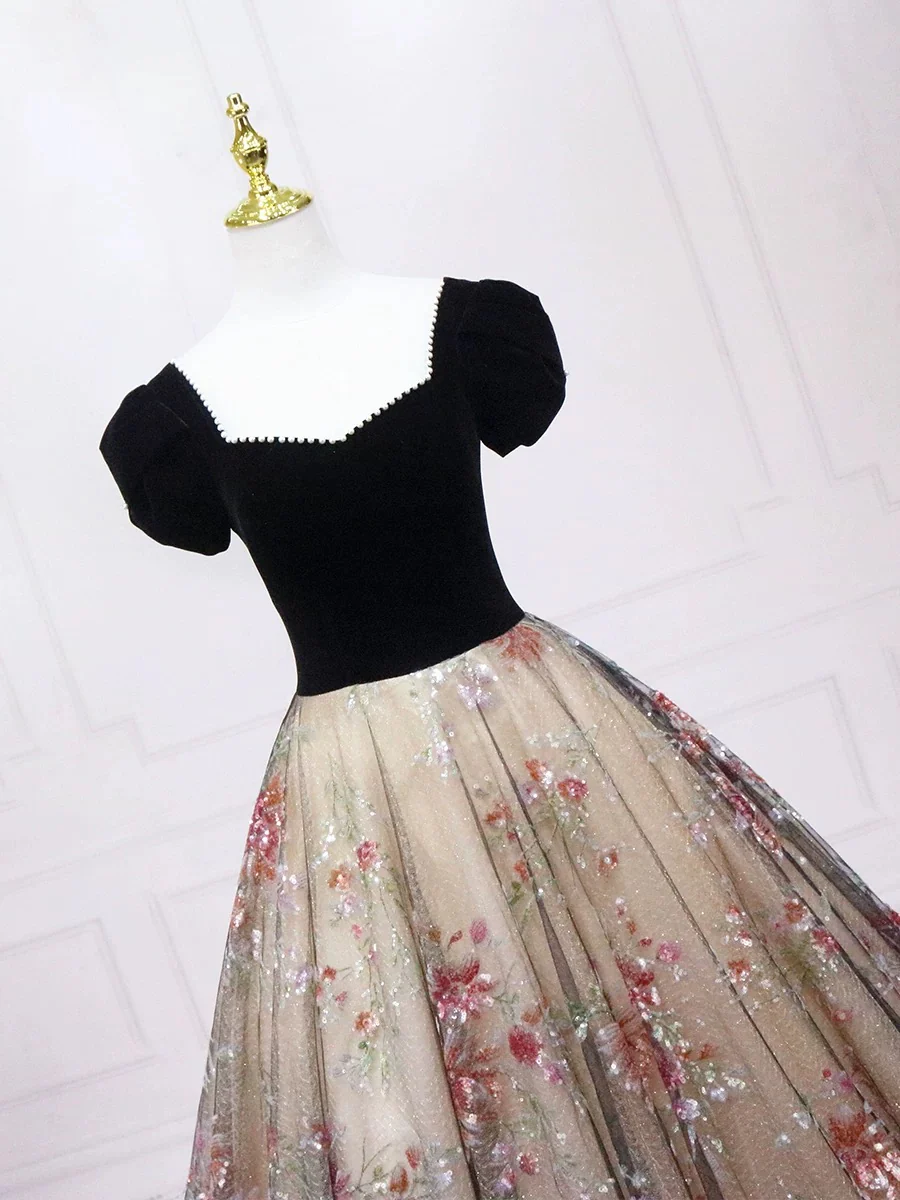 A-Line Tulle Lace Champagne/Black Long Prom Dress, Champagne/Black Formal Dress - Deanwangkt