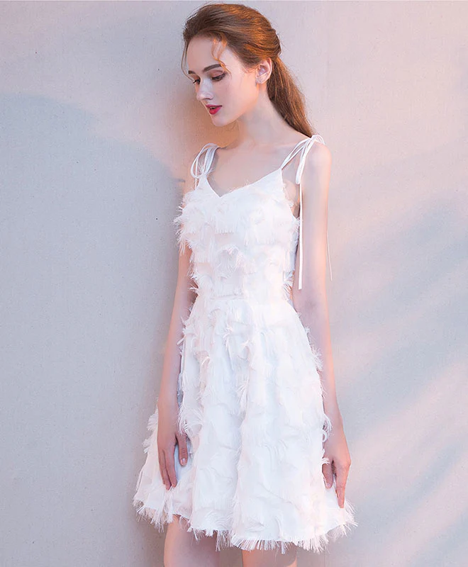 White V Neck Short Prom Dress, White Homecoming Dress - Deanwangkt