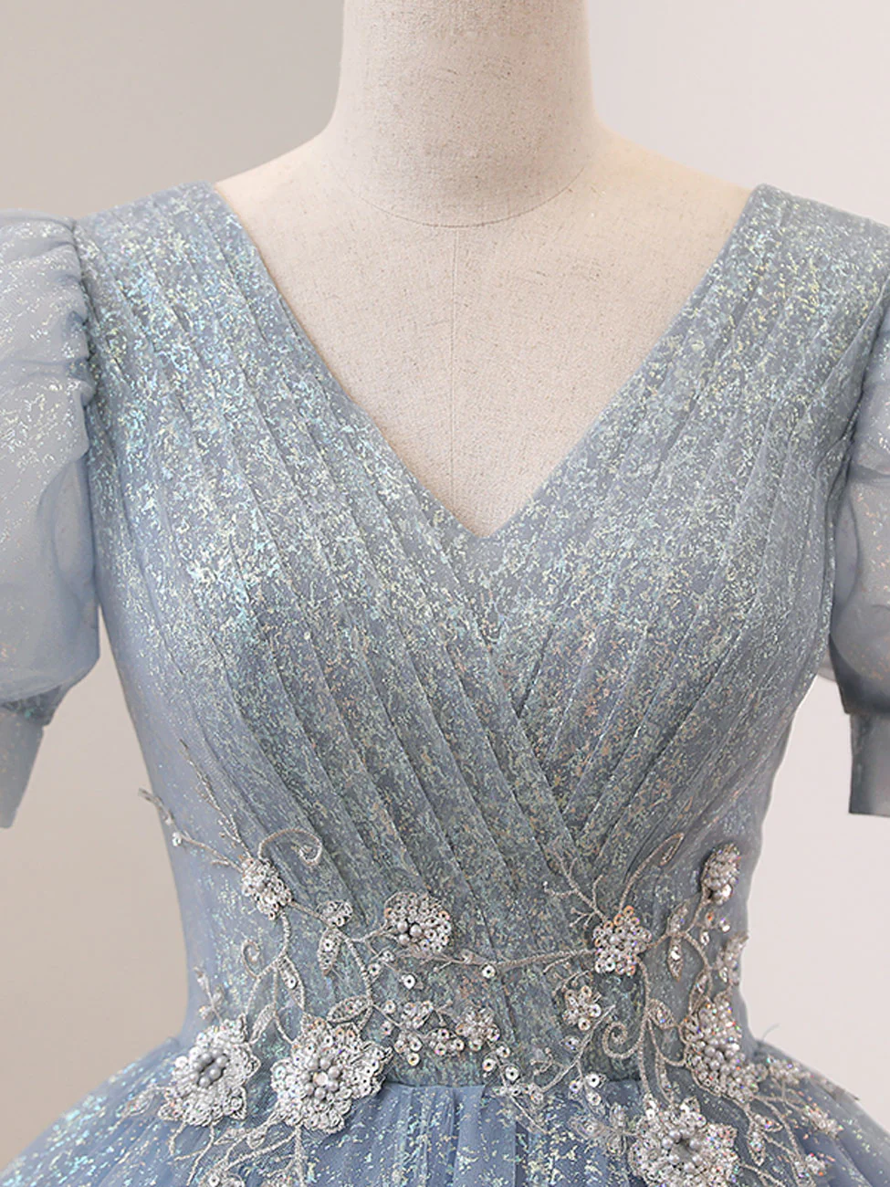 V Neck Tulle Sequin Gray Blue Long Prom Dress, Gray Blue Formal Sweet 16 Dress - Deanwangkt