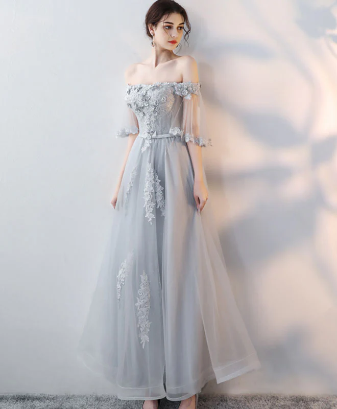 Gray Tulle Lace Long Prom Dress, Lace Evening Dress - Deanwangkt