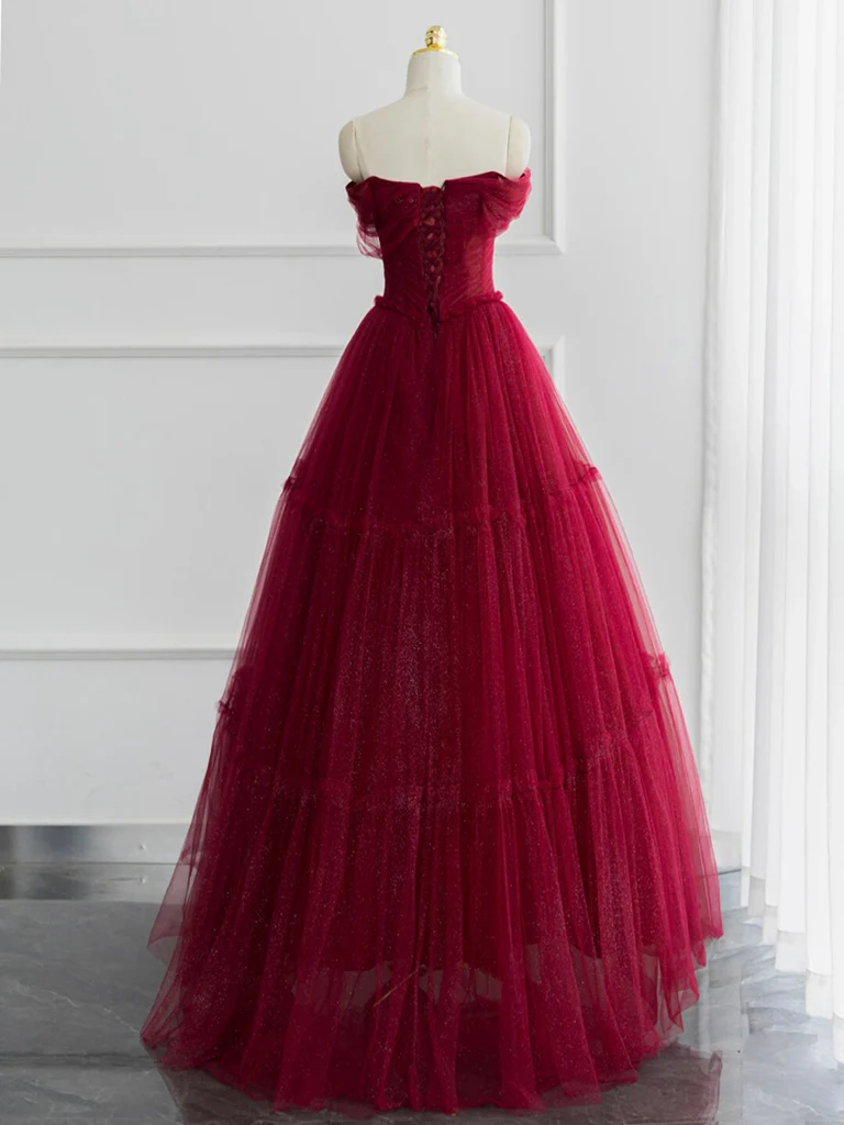 A-line Off Shoulder Tulle Shiny Burgundy Long Prom Dress, Burgundy Long Formal Dress - Deanwangkt