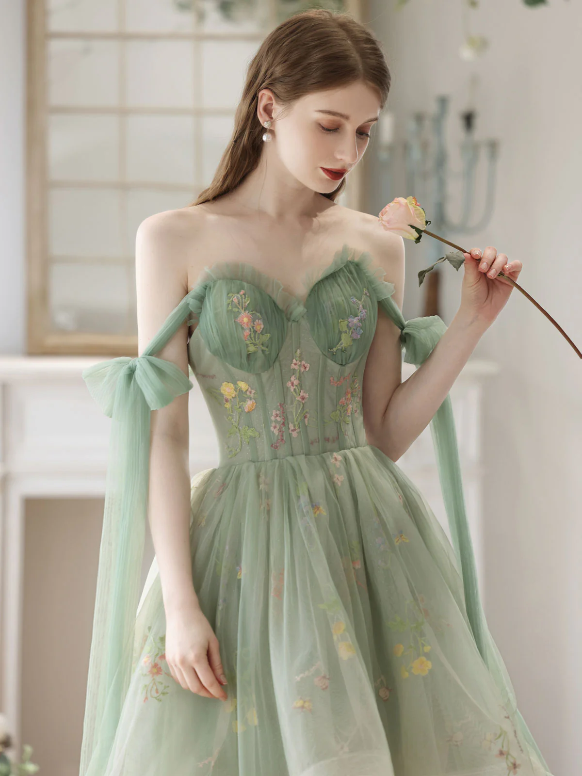 A-Line High Low Green Lace Short Prom Dress, Green Lace Homecoming Dress - Deanwangkt