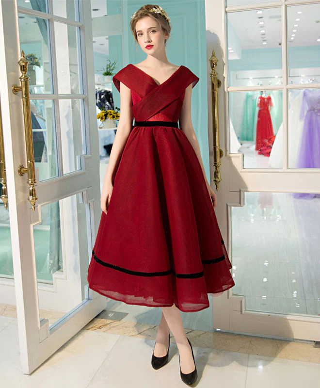 Burgundy V Neck Tea Length Prom Dress, Burgundy Evening Dress - Deanwangkt