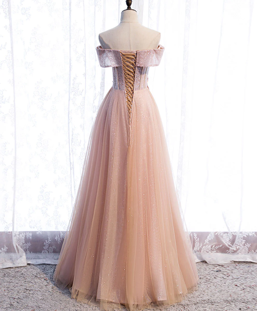 Pink Tulle Sequin Beads Long Prom Dress, Pink Tulle Formal Dresses - Deanwangkt