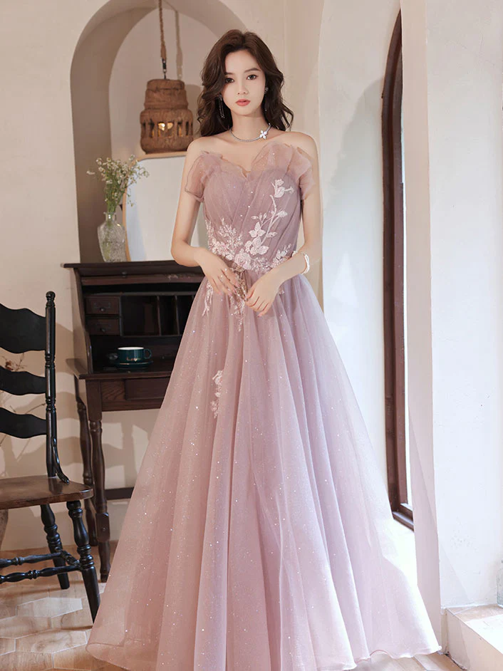 Pink A line Tulle Lace Applique Long Prom Dress, Pink Evening Dresses - Deanwangkt