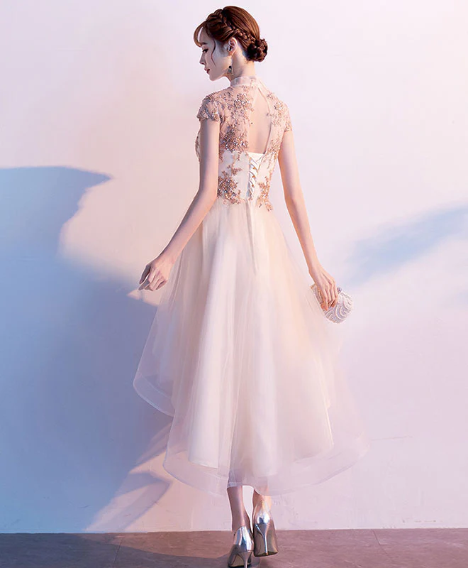 Champagne Tulle Lace High Low Prom Dress, Tulle Homecoming Dress - Deanwangkt
