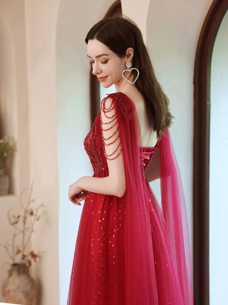 Burgundy V Neck Tulle Lace Beads Long Prom Dress, Burgundy Evening Dress - Deanwangkt