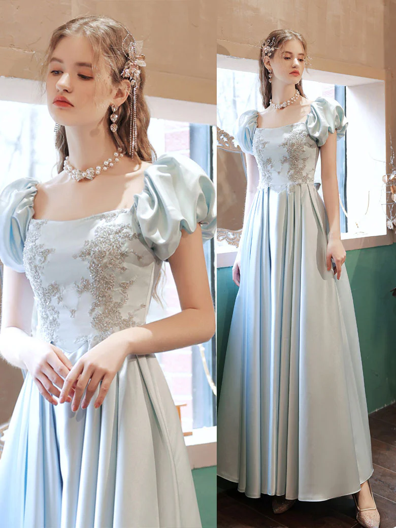 Light Blue Satin Lace Long Prom Dress Blue Lace Formal Dress - Deanwangkt