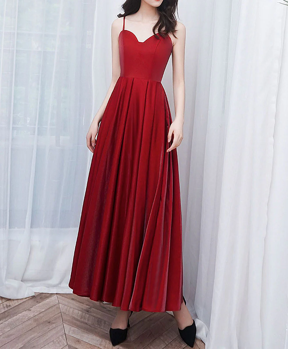 Simple Burgundy Sweetheart Neck Prom Dress, Burgundy Tea Length Evening Dress - Deanwangkt