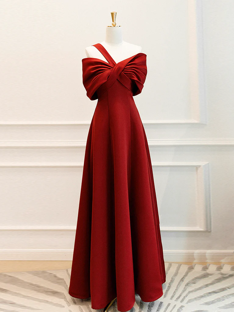 A-Line One Shoulder Satin Burgundy Long Prom Dress, Burgundy Long Formal Dress - Deanwangkt
