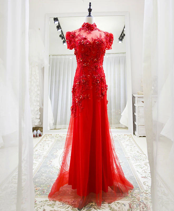 Red Tulle Lace Long Prom Dress, Red Lace Tulle Formal Dress - Deanwangkt