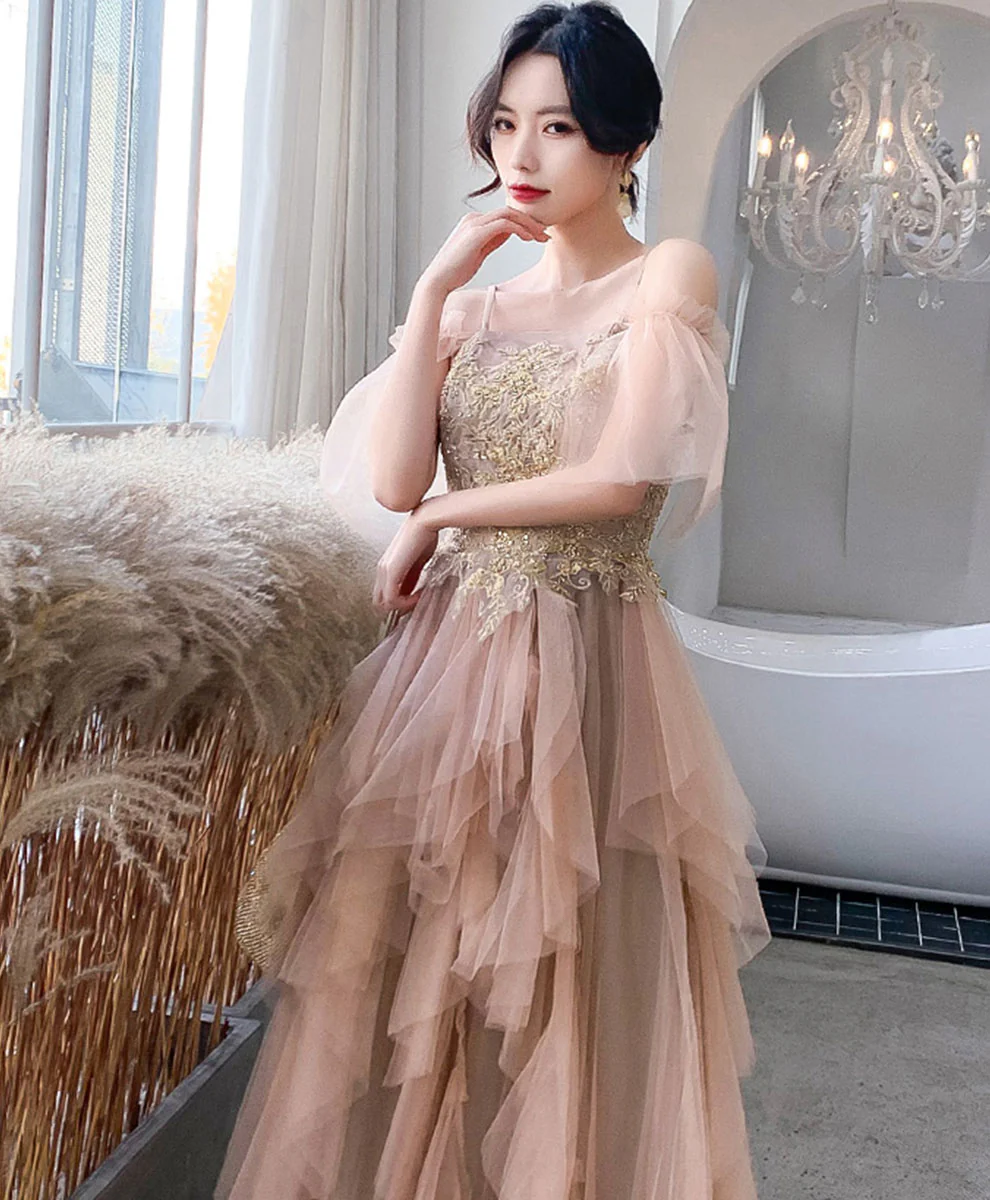 Champagne Tulle Lace Long Prom Dress Tulle Lace Evening Dress - Deanwangkt