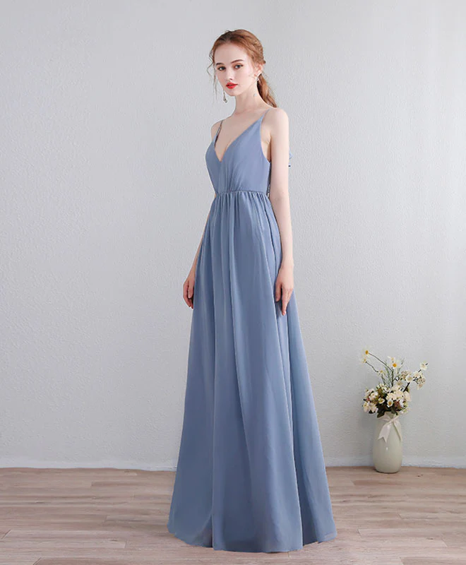 Blue V Neck Chiffon Lace Long Prom Dress, Evening Dress - Deanwangkt