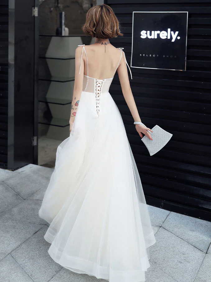 White V Neck Tulle Lace Long Prom Dress, White Evening Dress - Deanwangkt