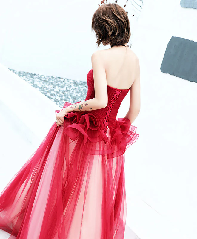 Simple Burgundy Tulle Long Prom Dress, Burgundy Evening Dress - Deanwangkt