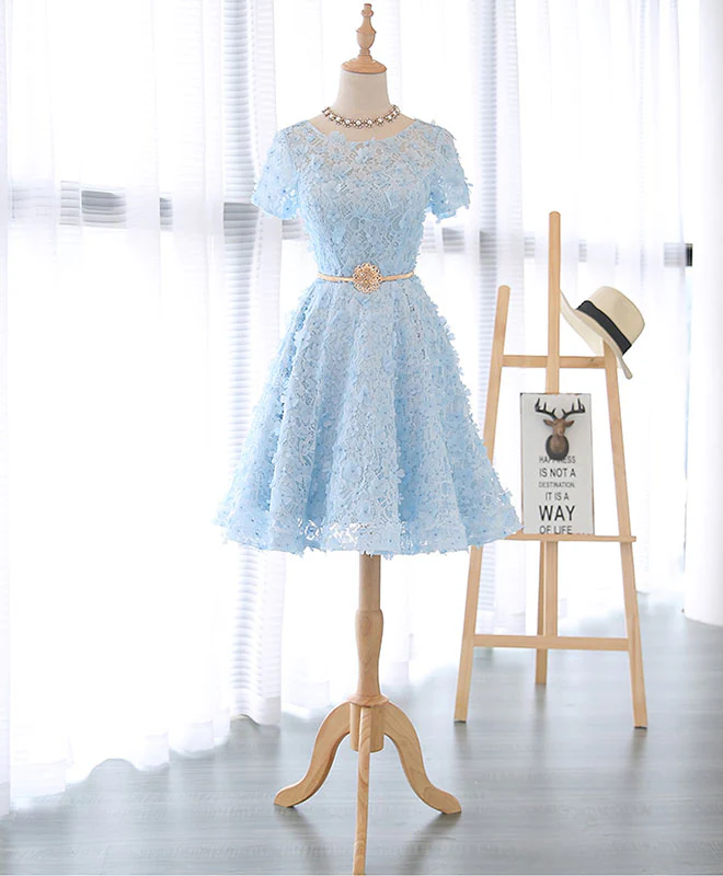 Cute Blue Lace Short Prom Dress, Blue Homecoming Dress - Deanwangkt