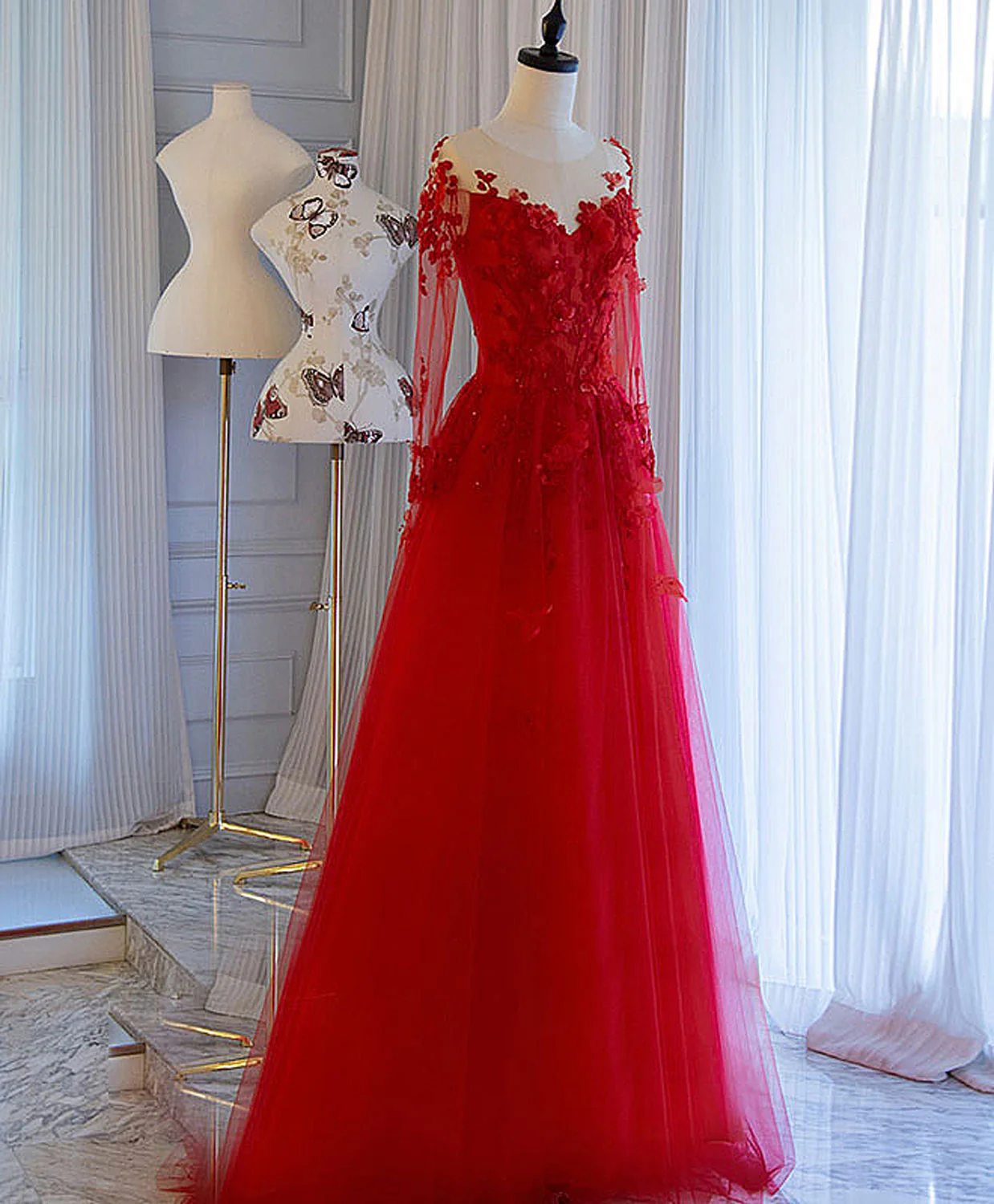 Red Tulle Lace Off Shoulder Long Prom Dress Red Lace Evening Dress - Deanwangkt