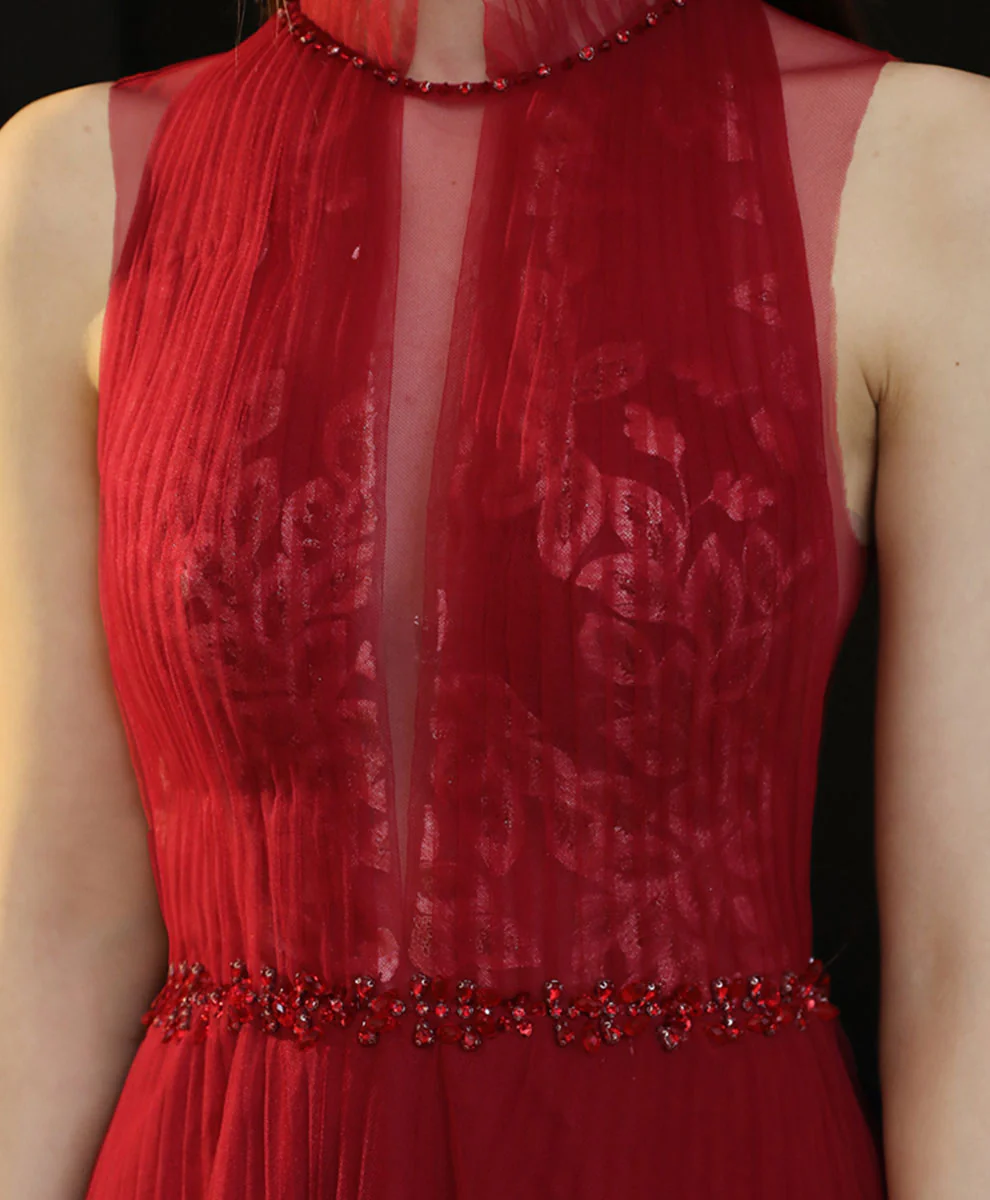 Burgundy High Neck Tulle Lace Long Prom Dress, Burgundy Formal Evening Dress - Deanwangkt