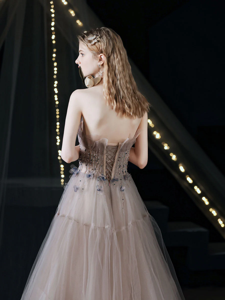 Unique Tulle Beads Long Prom Dress, Light Purple Tulle Evening Dress - Deanwangkt