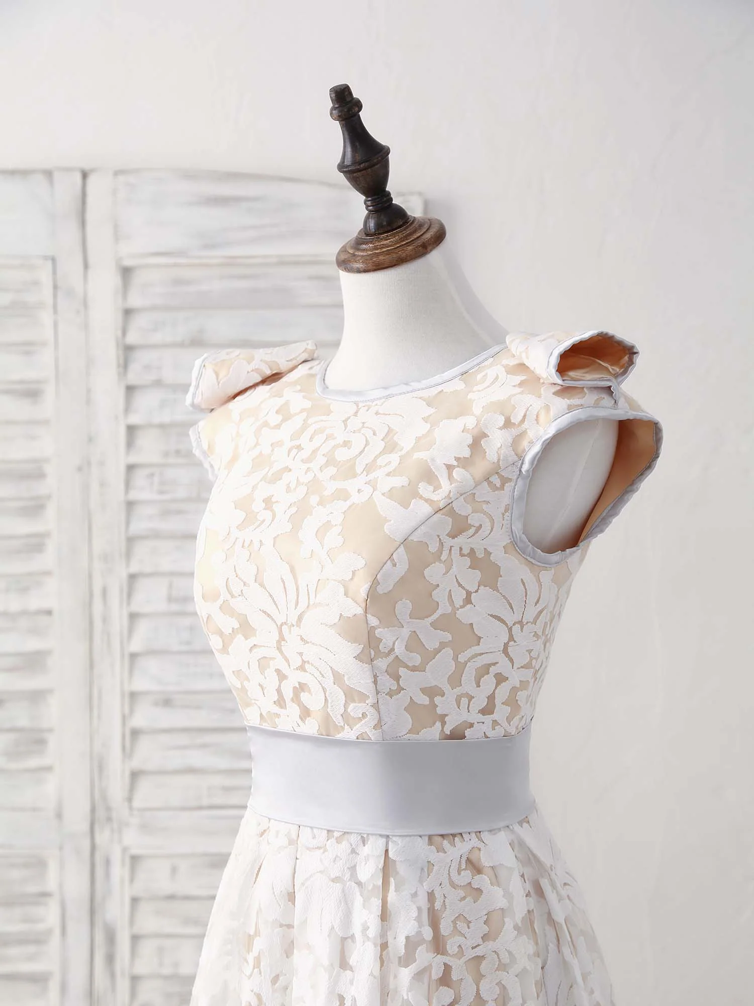 White Round Neck Lace High Low Prom Dress White Bridesmaid Dress - Deanwangkt