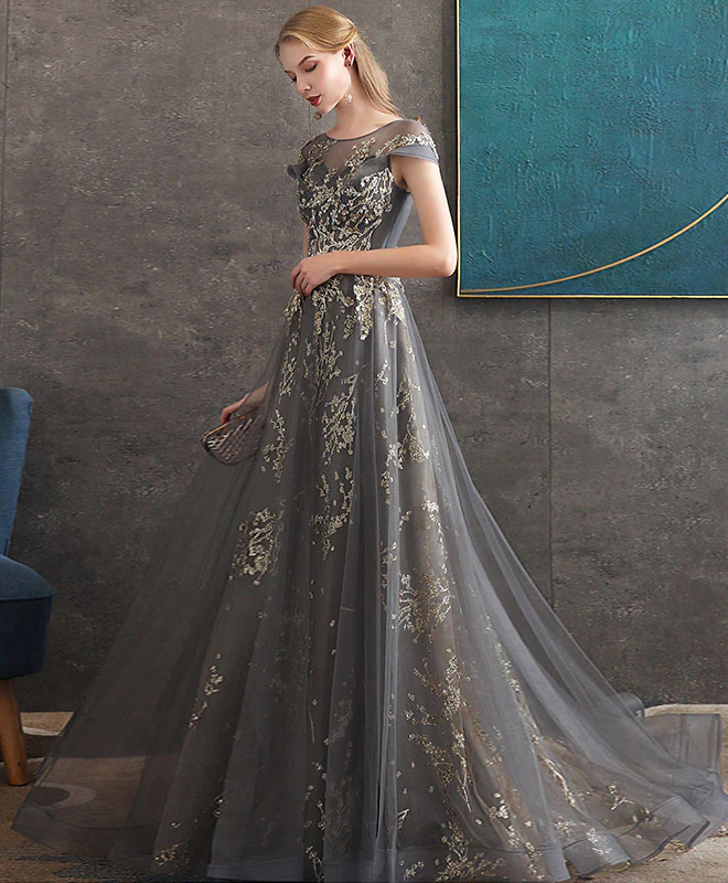 Gray Round Neck Tulle Lace Long Prom Dress Gray Tulle Formal Dress - Deanwangkt