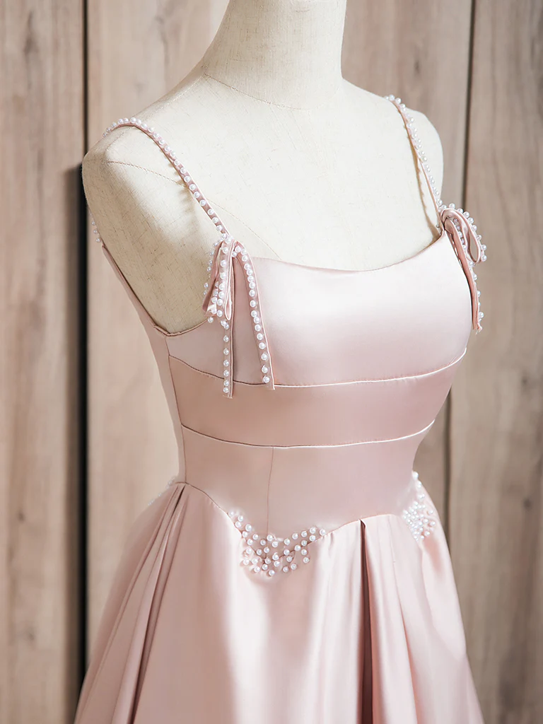 A-Line Beads Satin Pink Long Prom Dress, Pink Long Formal Dress - Deanwangkt