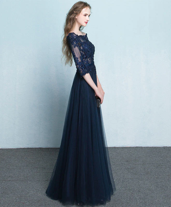 Dark Blue Lace Long Prom Dress, Long Sleeve Evening Dress - Deanwangkt