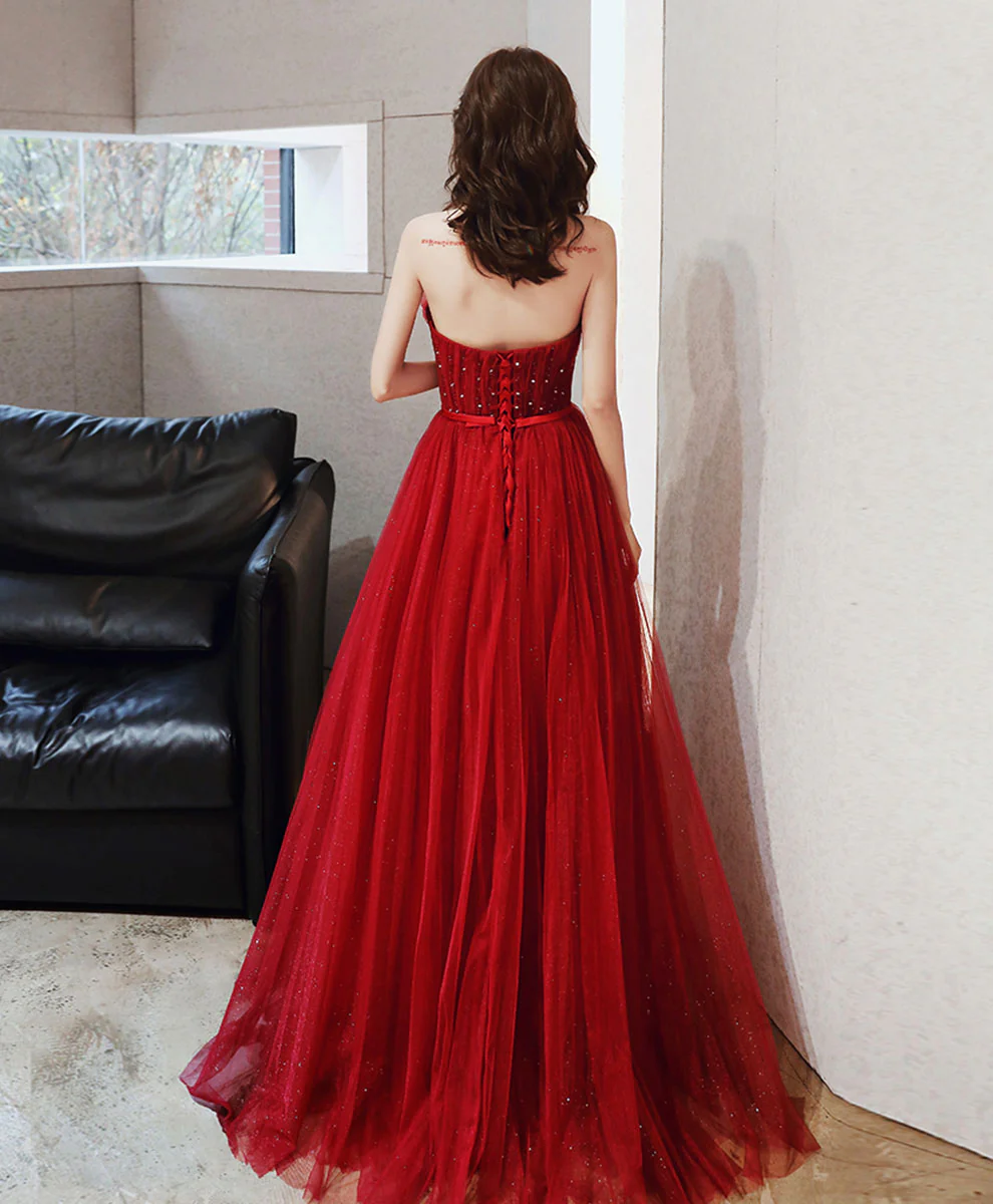 Burgundy Tulle Long Prom Dress Tulle Formal Dress - Deanwangkt