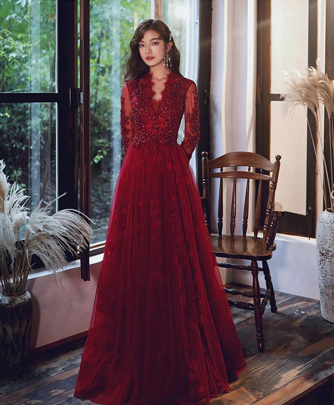 Burgundy V Neck Tulle Lace Long Prom Dress Burgundy Lace Evening Dress - Deanwangkt
