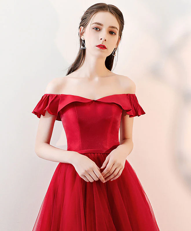 Aline Red Satin/Tulle Short Prom Dresses, Red Formal Homecoming Dresses - Deanwangkt