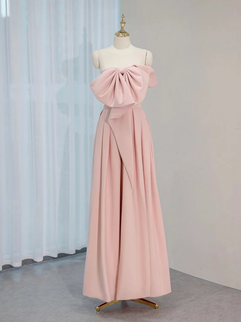A-Line Satin Pink Long Prom Dress, Pink Long Formal Dress - Deanwangkt