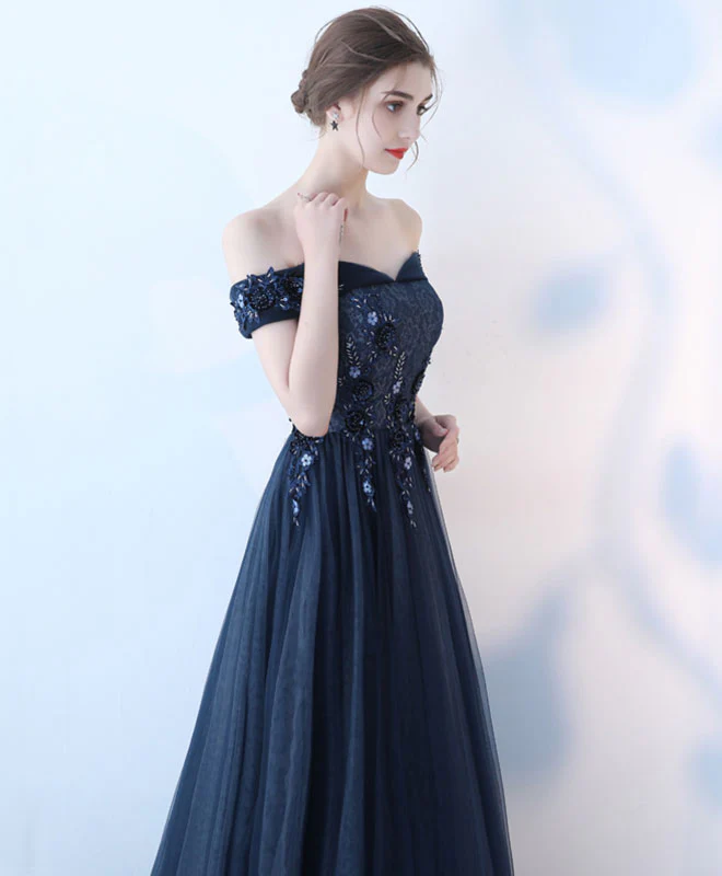 Blue Lace Tulle Long Prom Dress, Lace Evening Dress - Deanwangkt