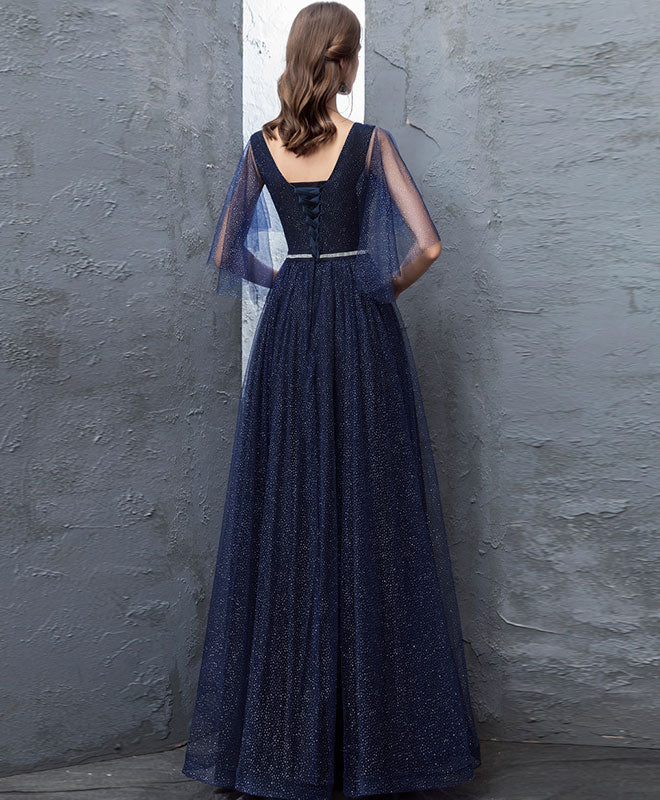 Dark Blue Sequin Tulle Long Prom Dress, Dark Blue Evening Dress - Deanwangkt