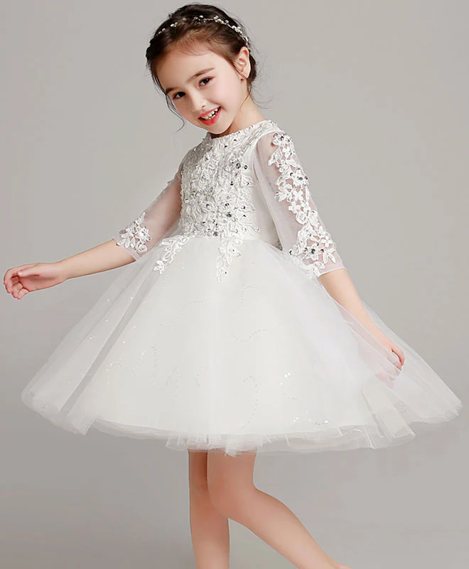 White Tulle Lace Flower Girl Dress, Girl Party Dress - Deanwangkt