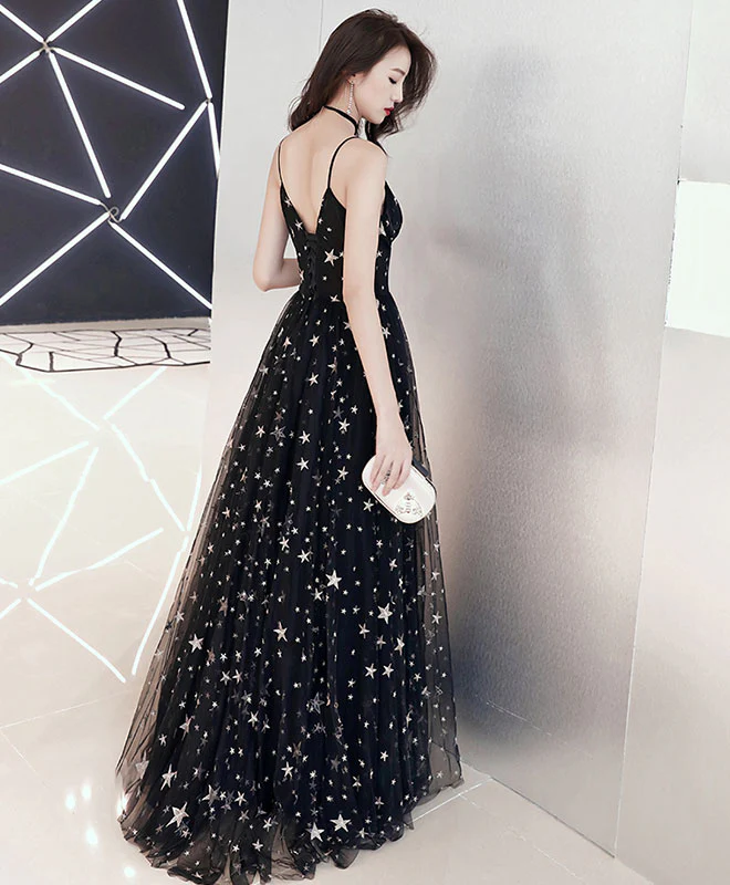 Black V Neck Tulle Long Prom Dress, Black Evening Dress - Deanwangkt