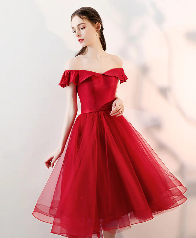 Aline Red Satin/Tulle Short Prom Dresses, Red Formal Homecoming Dresses - Deanwangkt