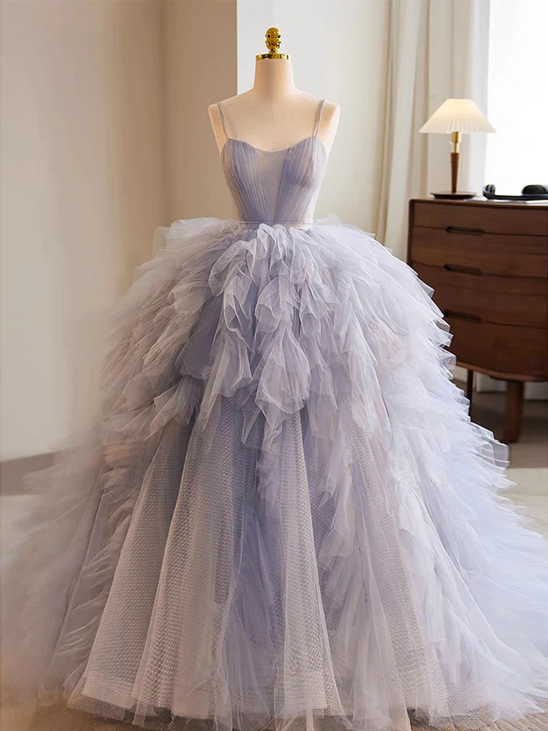 Blue Tulle Long Prom Gown, Blue Tulle Long Sweet 16 Dress - Deanwangkt