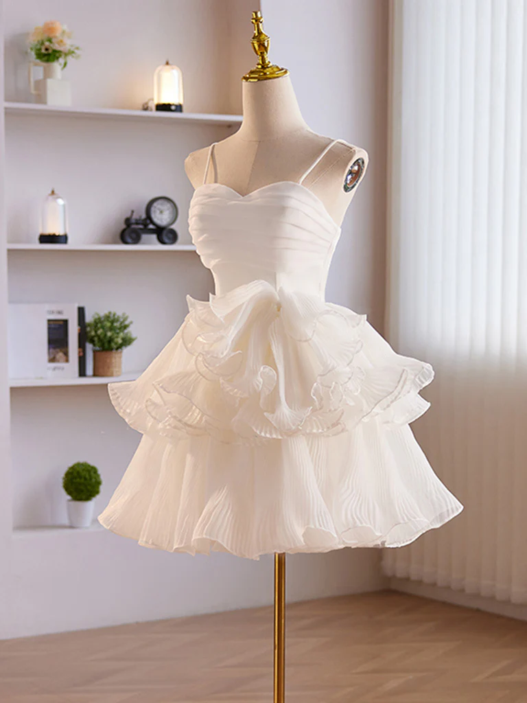 Cute Sweetheart Neck Organza White Prom Dress, White Homecoming Dresses - Deanwangkt