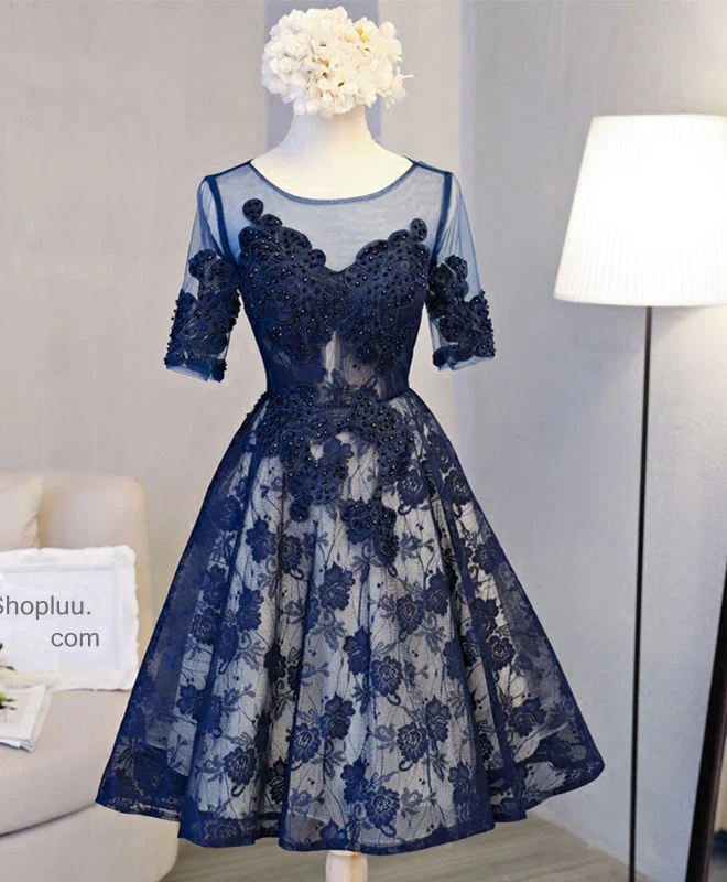 Cute Dark Blue Lace Short Prom Dress, Blue Homecoming Dress - Deanwangkt