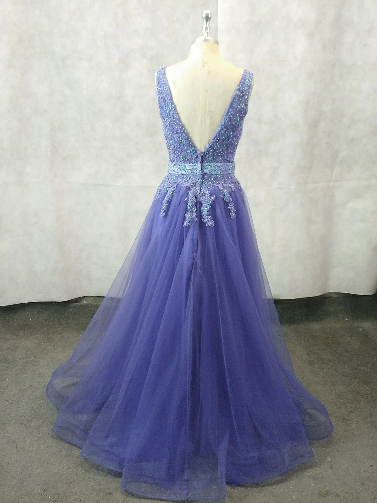 Unique V Neck Tulle Lace Applique Long Prom Dress, Tulle Evening Dress - Deanwangkt