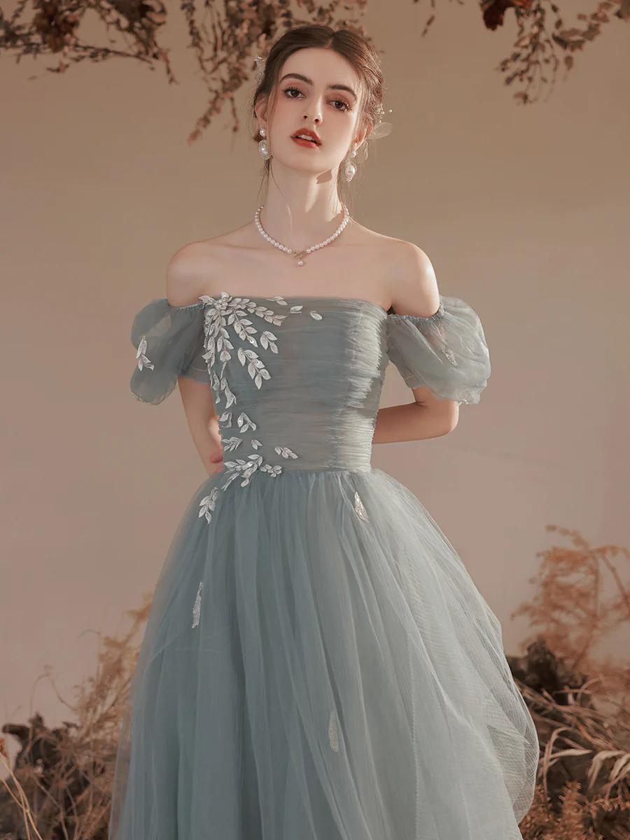 A-Line Square Neckline Gray Blue Long Prom Dress, Lace Formal Evening Dress - Deanwangkt