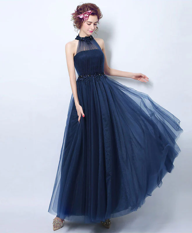 Simple Blue Tulle Tea Long Prom Dress, Blue Evening Dress - Deanwangkt