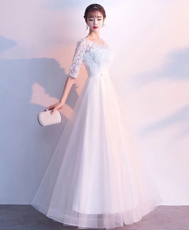 White Tulle Lace Long Prom Dress, White Tulle Lace Evening Dress - Deanwangkt