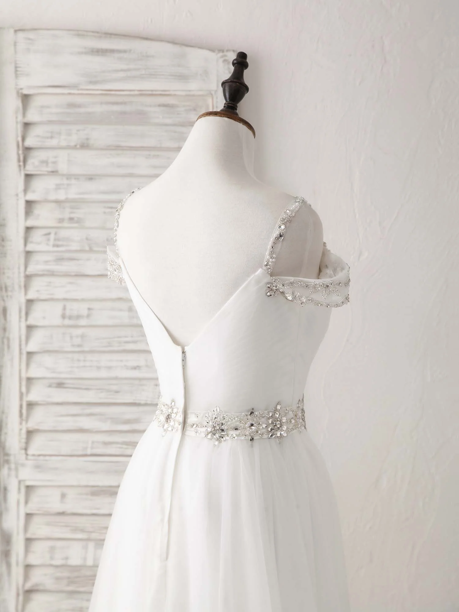 White Off Shoulder Tulle Beads Long Prom Dress White Evening Dress - Deanwangkt